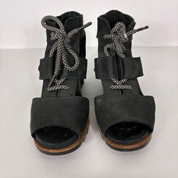 Sorel Black Leather Cutout Side Wedge Lace Up Sandals Size 8 - Picture 4 of 9